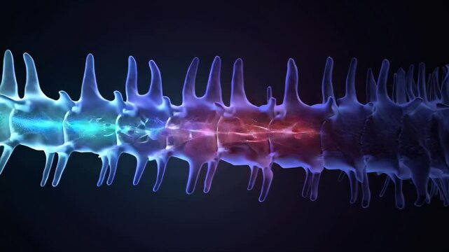 3D human spinal anatomy vertebra spinal cord glowing animated neural impulses traveling along branching nerves, vibrant bioluminescent colors blue, green, purple lighting spine structure, dark minimal
