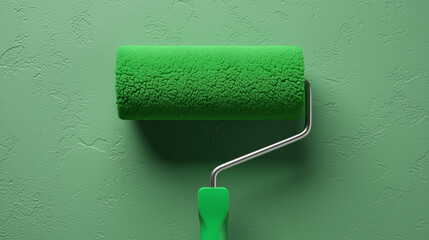 Obraz premium Green paint roller applying paint on wall
