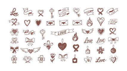 Fototapeta premium Elegant Hand Drawn Love Icons with Ribbons and Heart Calligraphy