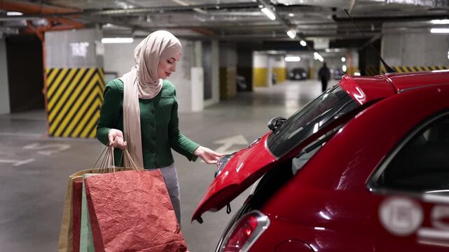 A woman wearing a hijab loads shopping bags into the trunk of her red car in a parking garage