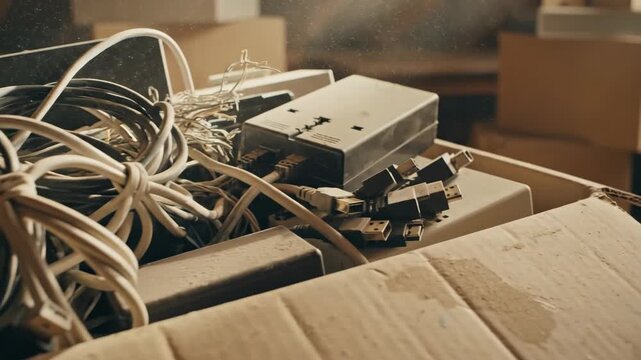 Cables and chargers lay tangled in a dusty box, light filtering through, revealing the chaos of forgotten electronics. A moment to reconsider what's kept away.
