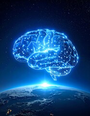 Glowing brain silhouette above Earth, sparking connections in a starry sky