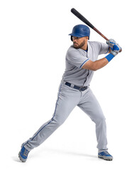 Hispanic baseball athlete in batting stance ready to hit ball on isolated transparent background