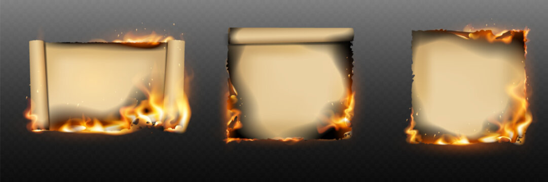 Set of burning parchment paper frames with flames