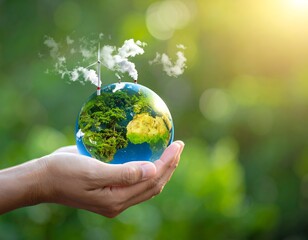 Hands cradle a miniature Earth with green forests & wind turbines