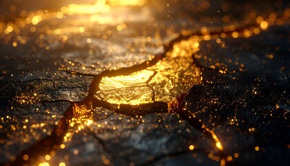 Close-up of cracked earth revealing molten gold, soft focus, ethereal glow