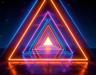 Neon triangle tunnel extends into a starry space, lit by vibrant hues