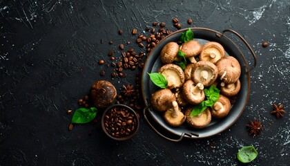 Group of mushrooms in a plate with spices, coffee beans, and green leaves
