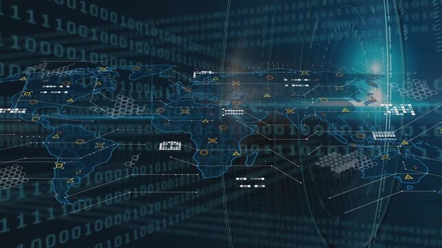 Animation of binary code over world map on black background