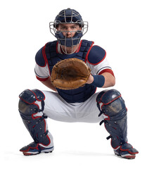 Professional baseball catcher in full protective gear squatting down ready to catch a ball
