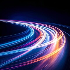 Curved streaks of vibrant light in blue, pink, and orange against black