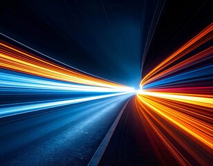 Dynamic shot of streaks of orange and blue light speeding down a tunnel