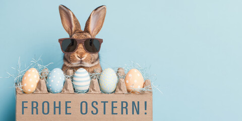 Frohe Ostern Konzept Feiertag Gru&szlig;karte mit deutschem Text - Cooler Osterhase, Kaninchen mit Sonnenbrille, sitzt in Eierkarton Box mit Ostereiern, isoliert auf blauem Hintergrund