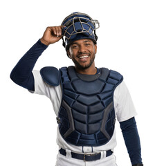 Smiling Black baseball catcher in full protective gear lifting his helmet, smiling