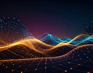 Glowing, digital wavy lines forming abstract hills against a dark backdrop