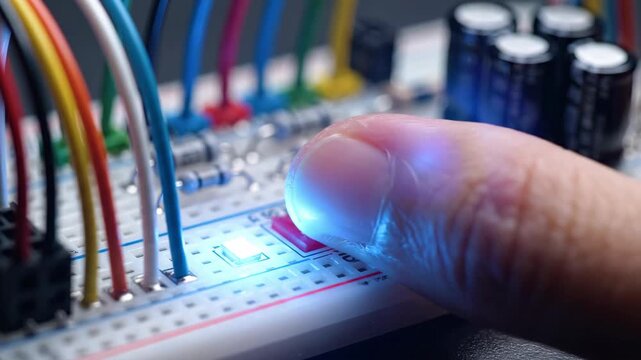 Hands explore a circuit board, pressing buttons that illuminate with vibrant colors. Sparks of innovation fill the air in a cozy, creative environment.