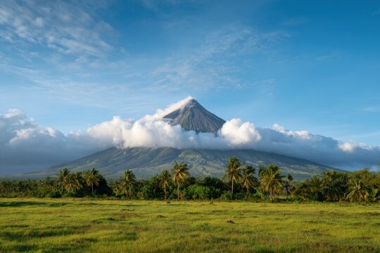 Majestic mount mayon with lush greenery and palm trees under blue sky