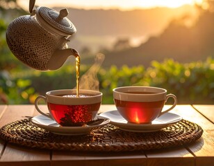 Tea being poured into a teacup with the landscape view in the background
