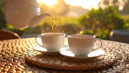 Tea being poured into cups, with a blurred natural background