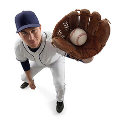 Overhead view of baseball player in white uniform showing a ball inside his glove