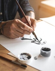 Person with tattoos paints calligraphy on white paper, close-up view