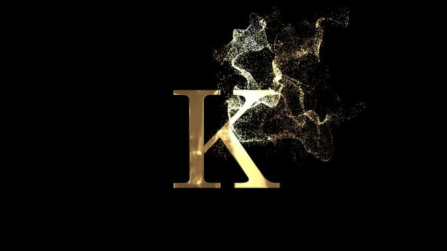 Golden letter K with particles, alphabet, abc, alpha channel, english letters with gold particles and a transparent background