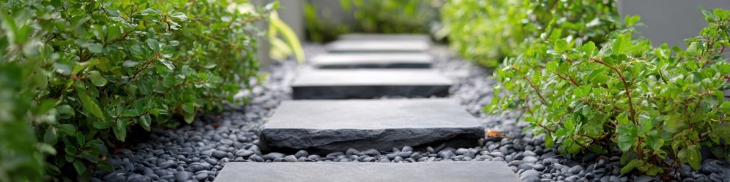 Stone pathway in lush garden with green foliage and pebbles