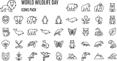 Fototapeta premium World Wildlife Day Icons Pack: Outline Animal Nature Symbols for Biodiversity Conservation