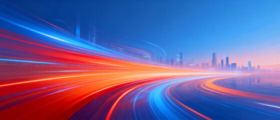 Abstract cityscape with vibrant light trails and futuristic skyline at twilight