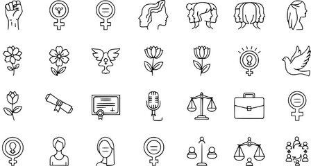 Feminism, Women Rights  Equality Line Icons Set. Empowerment, Education, Justice, Peace  Professionalism Vector Symbols