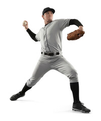 Full body view of am Asian male baseball athlete in mid-motion throwing pitch