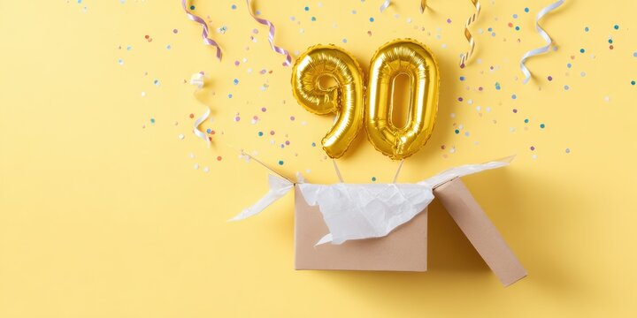 Vibrant 90th birthday celebration with gold balloons and confetti on yellow background