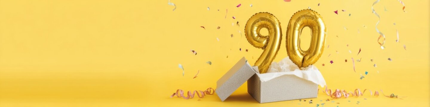 90th birthday celebration with golden balloons and confetti