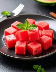 Cubed watermelon on a black plate, garnished with mint