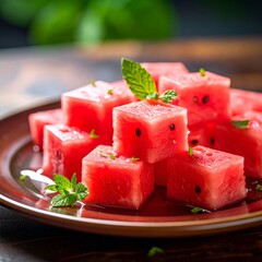 Cubed watermelon pieces on a plate, garnished with mint leaves