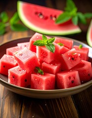 A bowl of diced pink fruit with mint, slices, on wooden surface