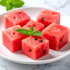 Cubed watermelon on a white plate, garnished with mint
