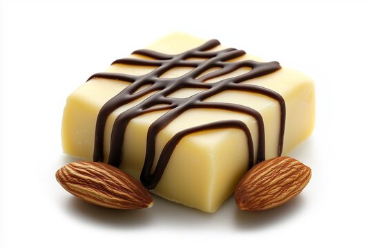 Marzipan candy square with chocolate drizzle on white background.