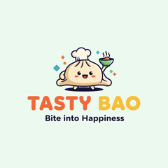 Fototapeta premium Cute Kawaii Bao Bun Character Holding a Bowl of Food.