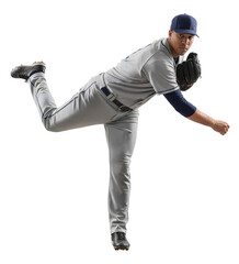 Full body view of an athlete in baseball gear after a pitch on isolated background