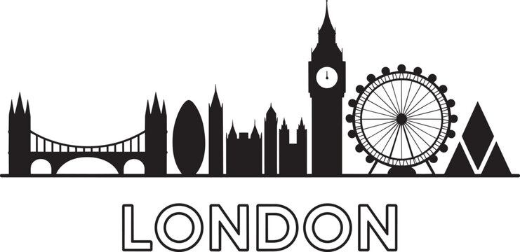 Black silhouette of london england skyline featuring tower bridge big ben and ferris wheel ico