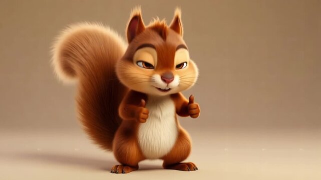 Active happy squirrel character dancing with a thumbs up gesture in a 3D animated style for kids concepts and woodland themes.