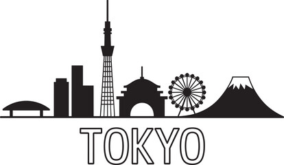 Fototapeta premium Tokyo japan vector skyline silhouette with famous buildings outlines black and white illustration