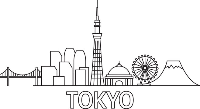 Tokyo skyline line art drawing featuring skytree tower ferris wheel and mount fuji landmarks