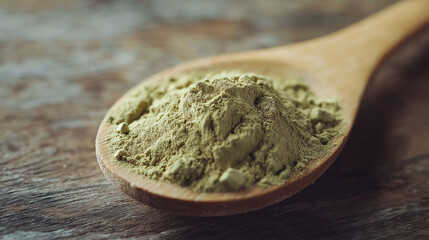 Light green tea powder on wooden spoon over rustic table