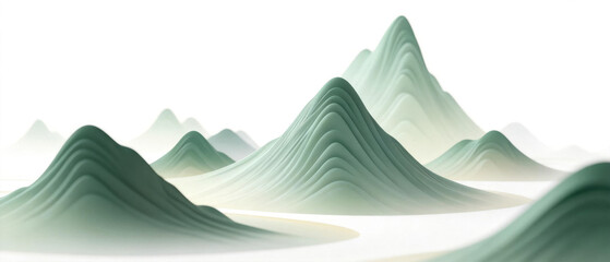 Stylized mountain landscape with layered green peaks and soft gradients
