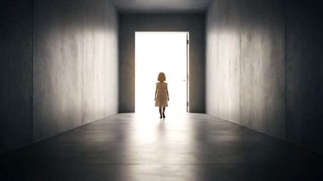 In a shadowy space, a child walks toward a bright light, curiosity in their stride. Each step echoes hope, inviting viewers to explore what lies beyond.