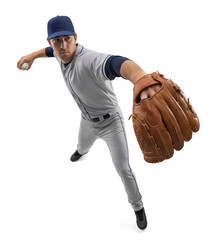Full body image of professional athlete in baseball game action in zoom angle