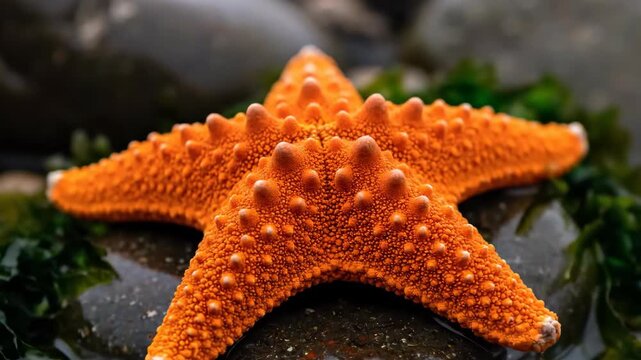 Close up of an orange starfish on a wet rock. Vibrant sea star with textured surface in a tide pool. Marine life on the coast