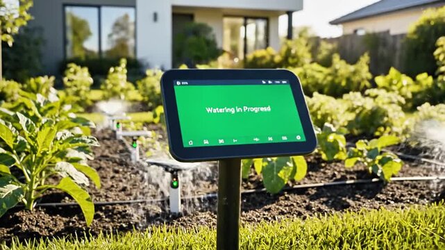 A digital tablet on a pole displays weather and soil data in a garden with lush green plants